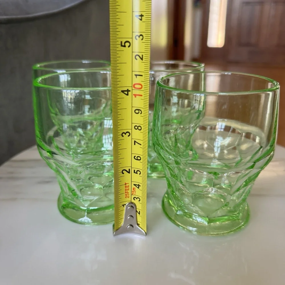 4 - Vintage Green Vaseline Uranium Glass Tumbler Honeycomb Georgian Cambridge